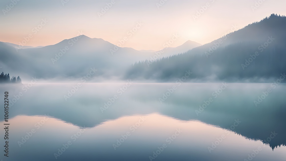 Gentle mist over a mountain lake at dawn Gentle mist over a mountain lake at dawn