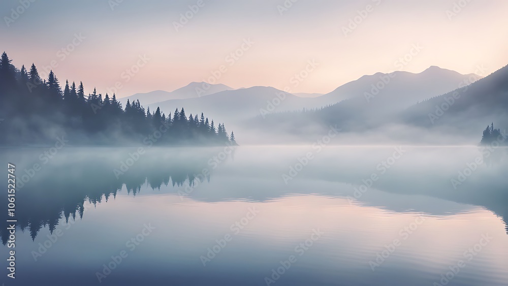 Gentle mist over a mountain lake at dawn Gentle mist over a mountain lake at dawn