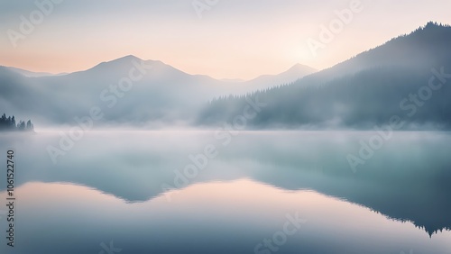 Gentle mist over a mountain lake at dawn