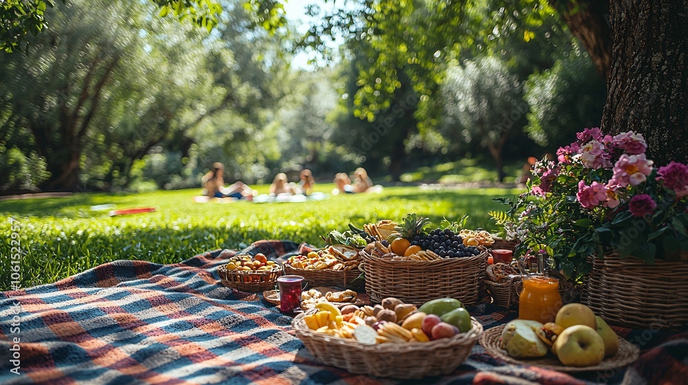 Summer Picnic Basket with Fruit and Snacks on Blanket in Park Summer Picnic Basket with Fruit and Snacks on Blanket in Park
