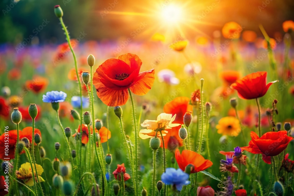 Vibrant Abstract Background of Poppies and Wildflowers in a Lush Meadow - Nature's Palette of Colors for Creative Projects Vibrant Abstract Background of Poppies and Wildflowers in a Lush Meadow - Nature's Palette of Colors for Creative Projects