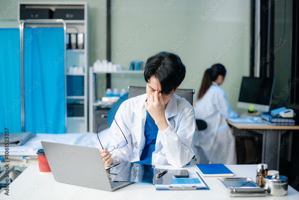 Confident young doctor in white medical uniform sit at desk working on computer. Smiling use laptop write Confident young doctor in white medical uniform sit at desk working on computer. Smiling use laptop write