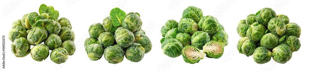 Fototapeta premium Four clusters of fresh brussels sprouts on a dark background, showcasing their vibrant green color and unique shape.