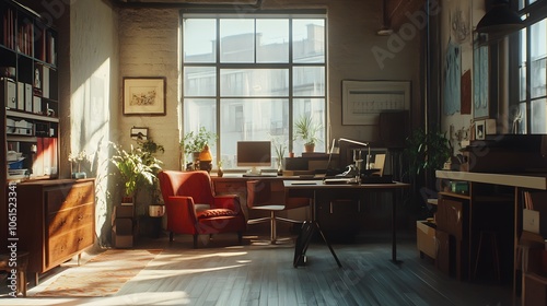 8. A cinematic shot of an open workspace, the natural lighting and subtle grain giving it a nostalgic look photo