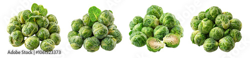 Four clusters of fresh brussels sprouts on a dark background, showcasing their vibrant green color and unique shape.