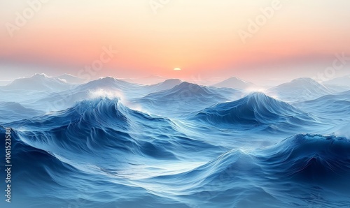 A serene seascape at sunset with rolling waves and a tranquil atmosphere.