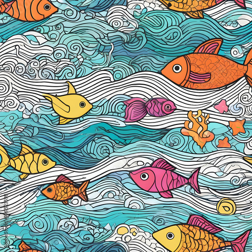 Crayon doodle pattern with ducks, fish and water, giving it a fun sea scene feel.