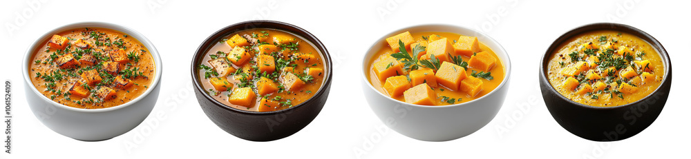 A collection of four bowls of colorful, delicious soups, garnished with herbs, showcasing diverse ingredients and textures. A collection of four bowls of colorful, delicious soups, garnished with herbs, showcasing diverse ingredients and textures.