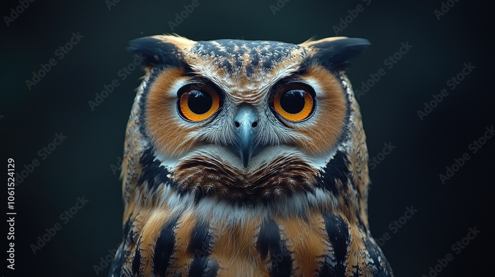 Close-Up Side View Portrait of an Eagle-Owl with Big Eyes on a Black Background, Featuring Dark Brown and Orange Feathers
Close-Up Side View Portrait of an Eagle-Owl with Big Eyes on a Black Background, Featuring Dark Brown and Orange Feathers
