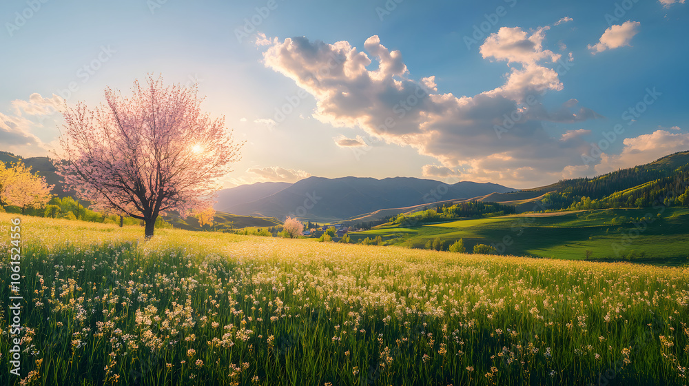 Obraz premium A serene landscape showcasing natural time cycles with blooming flowers in spring.