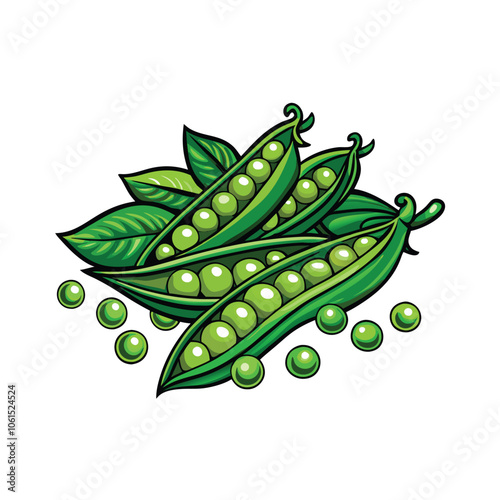 Vector illustration of a bunch of fresh green peas in their pods, with vibrant green hues and realistic detailing.