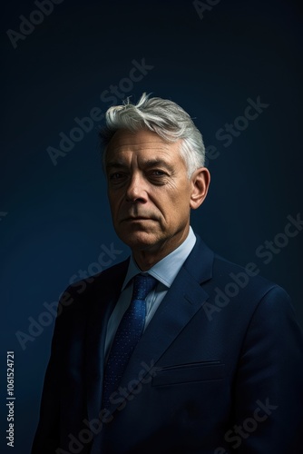 Portrait of a distinguished senior executive with silver hair, dressed in a formal suit and tie. the dark blue background and strategic lighting enhance the sense of depth