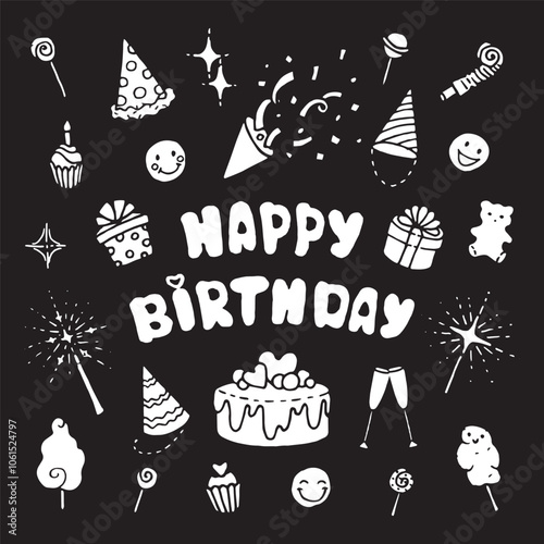 happy birthday card, poster, icons on black background