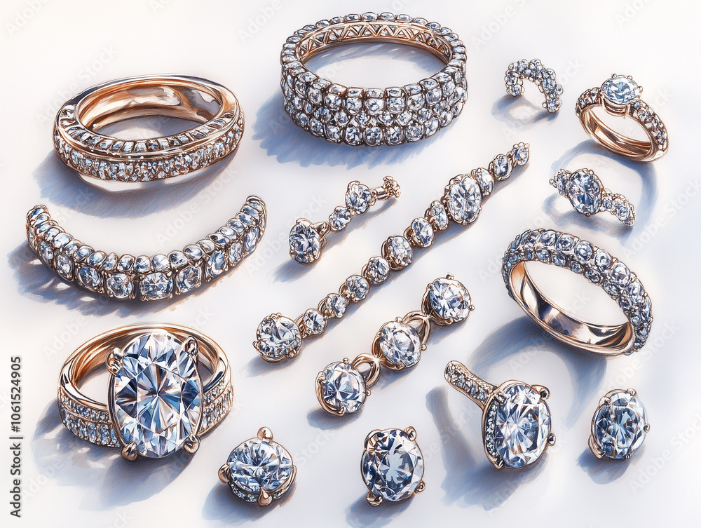 Set of luxury jewelry collection including silver or white gold bracelets, rings and earrings with diamonds or cubic zirconia. Realistic style illustration isolated on white background