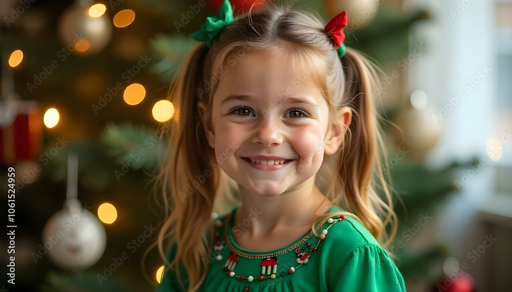 Little blonde girl with pigtails wearing a bright green christmas dress, with colorful ornaments and a Christmas tree in the background for copy space Little blonde girl with pigtails wearing a bright green christmas dress, with colorful ornaments and a Christmas tree in the background for copy space