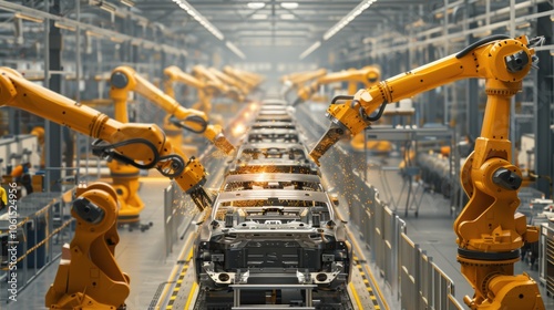 A bustling automotive factory showcases a dynamic collaboration between workers and robots in car chassis assembly. robots and humans efficiently harmonize tasks, manage machinery, and ensure quality photo