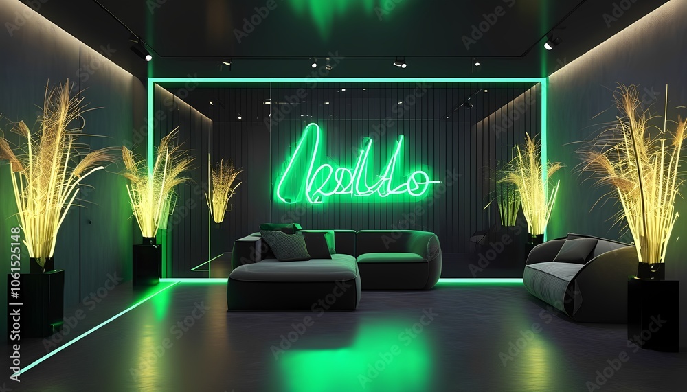 Obraz premium a room with a couch, chair, and neon sign in it