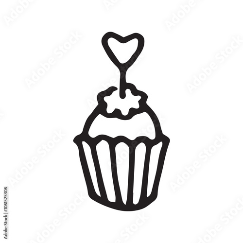 Cupcake with heart candle linear illustration, icon on white