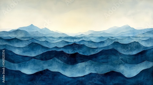 A serene watercolor landscape depicting layered blue waves and distant mountains.