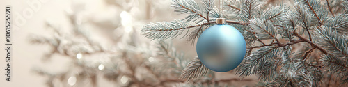 Blue Holiday Ornament on Christmas Tree Branch with Text Space. Generative AI