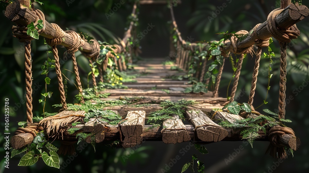 A Jungle Hanging Bridge Made of Ropes and Wooden Planks