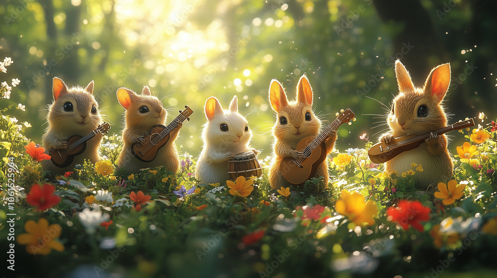 Bunnies Playing Musical Instruments in Flower Meadow Bunnies Playing Musical Instruments in Flower Meadow