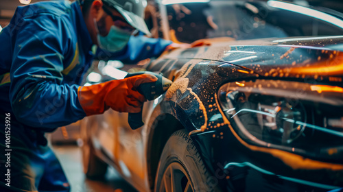 In the garage, a mechanic is seen using a grinding tool to sand parts of a car, making it ready for painting after an accident.