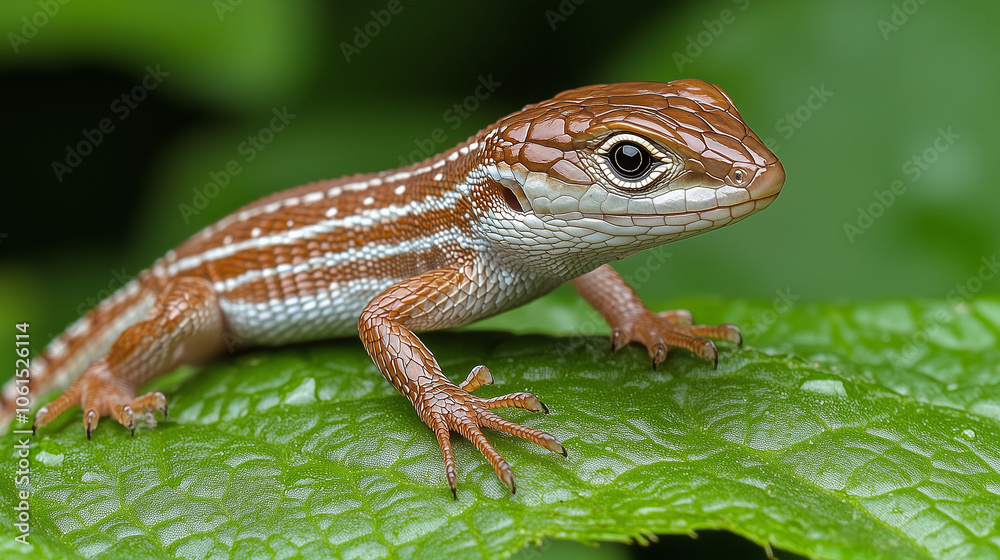 Brown Striped Lizard on Green Leaf - Macro Brown Striped Lizard on Green Leaf - Macro