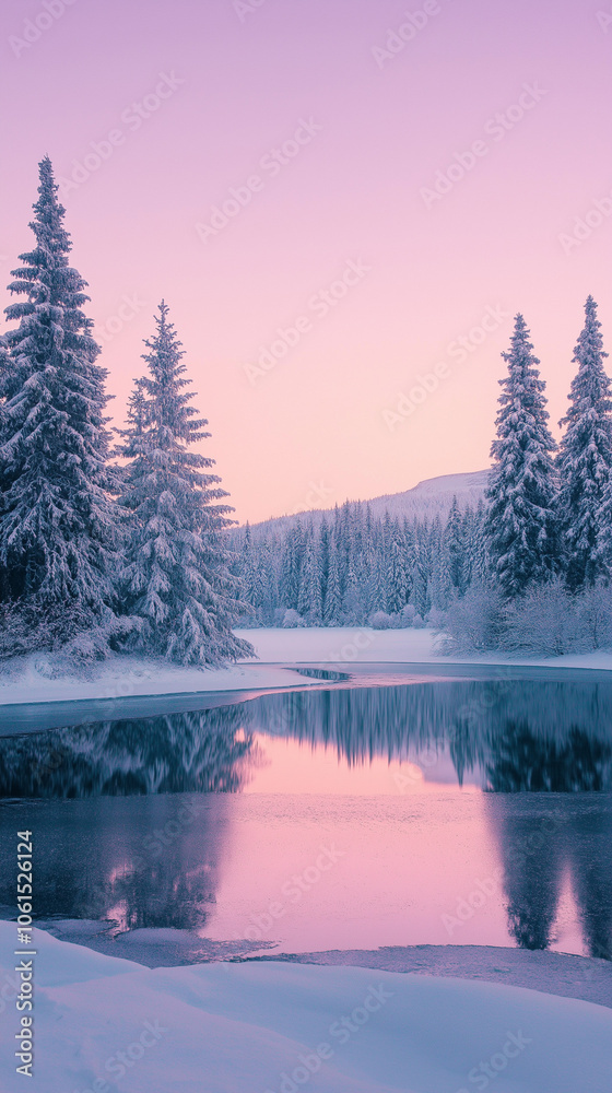 Fototapeta premium Winter river landscape with snow-covered trees and a pink sunset