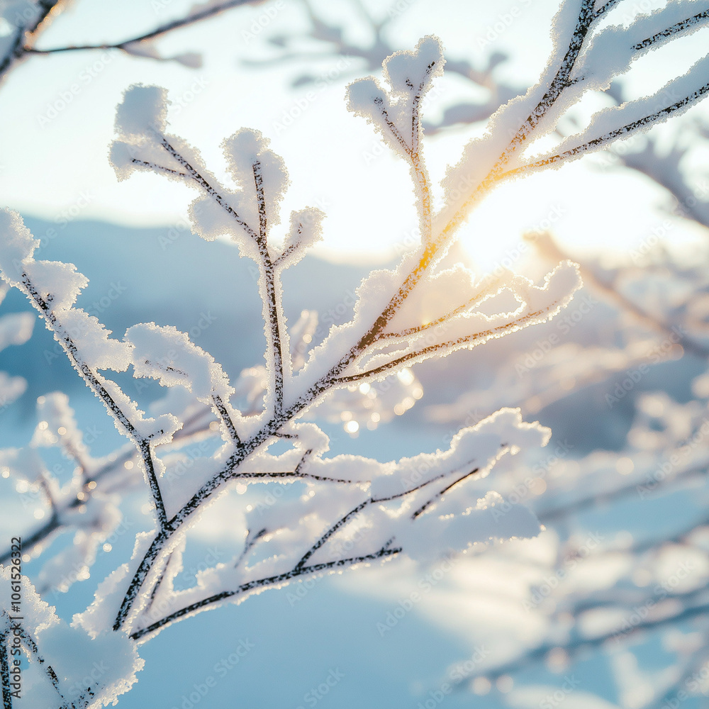 Frost-covered branches in winter sunlight Frost-covered branches in winter sunlight
