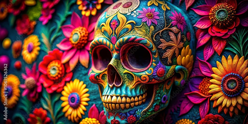 Vibrant Macro Photography of a Colorful Skull with Floral Elements on a Wall - Artistic Decor and Intricate Details Captured in Bright Colors for Unique Wall Art Inspiration Vibrant Macro Photography of a Colorful Skull with Floral Elements on a Wall - Artistic Decor and Intricate Details Captured in Bright Colors for Unique Wall Art Inspiration