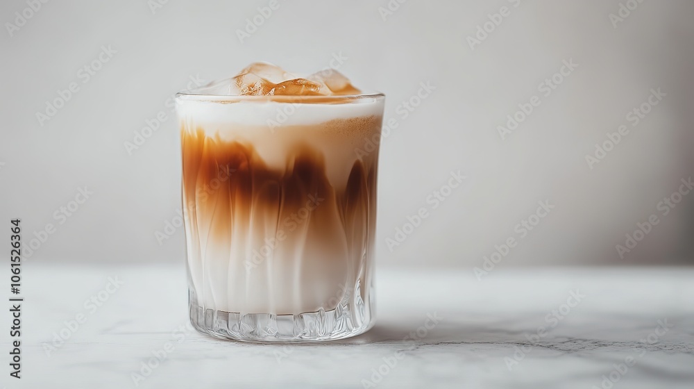 Artisanal iced caramel macchiato layered coffee and milk caramel drizzle frosted glass artistic swirls minimalist white background refreshing appearance HD 