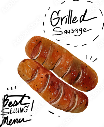 hand drawn grilled sausage, watercolor style