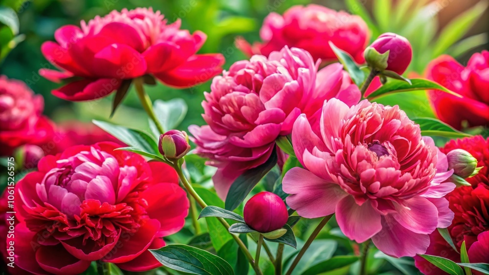 Vibrant Macro Photography of Red and Pink Peonies with Lush Green Leaves for Stunning Floral Backgrounds Vibrant Macro Photography of Red and Pink Peonies with Lush Green Leaves for Stunning Floral Backgrounds