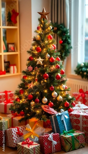 Decorated Christmas Tree with Lights and Ornaments Surrounded by Gifts in a Cozy Living Room 