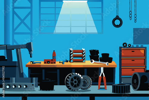 A detailed vector illustration of a bustling industrial workshop with multiple workbenches, tools, machinery, and workers in various stages of activity.