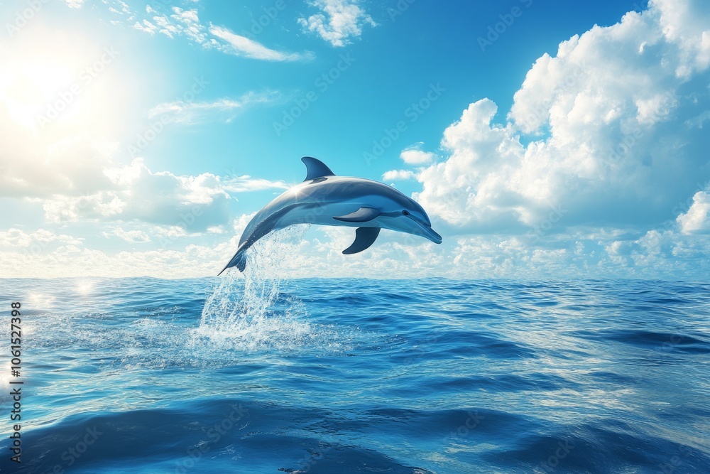 Fototapeta premium Beautiful dolphin jumping out of the ocean at sunset