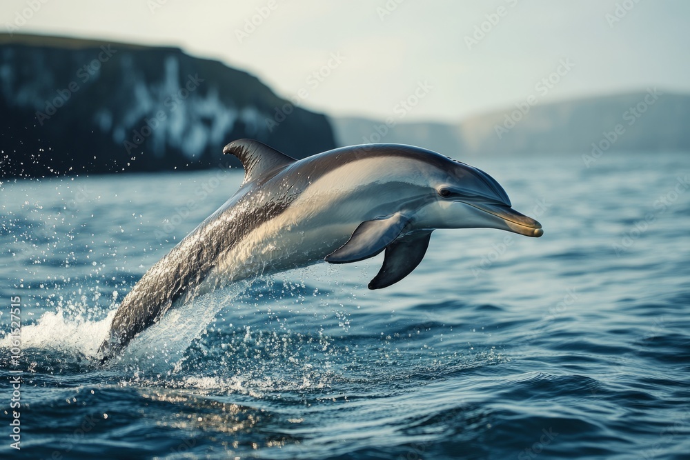 Obraz premium Dolphin jumping out of the water near cliffs: