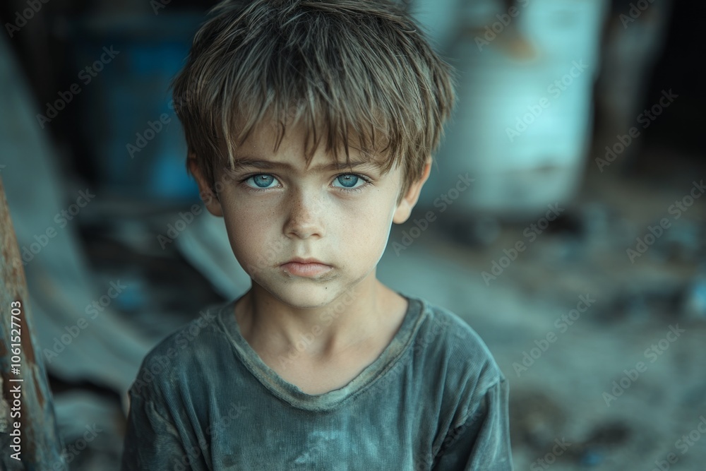 Sad child refugee suffering from war violence and poverty Sad child refugee suffering from war violence and poverty