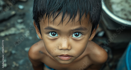 Portrait of asian child looking up in poverty-stricken environment