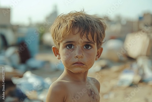Portrait of refugee child suffering from war, poverty and hunger