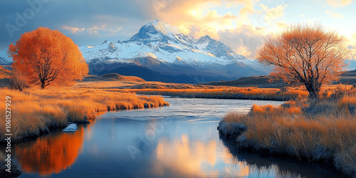 Landscape with lake and snow mountain. Landscape view.