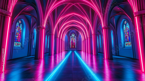 Gothic cathedral with neon light beams illuminating the arches and stained glass vibrant pink and blue hues cast across the floor