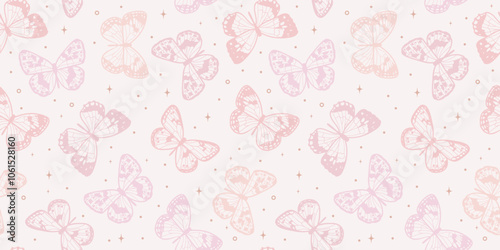 Pastel pink butterfly background, cute seamless vector repeat pattern with stars, spring wallpaper