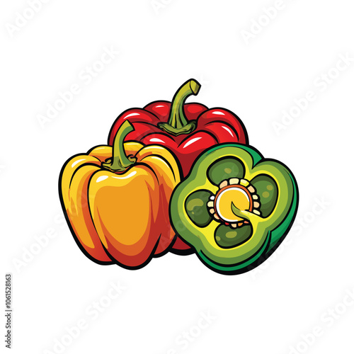 Create a vector illustration of whole and sliced bell peppers in various colors, including red, yellow, green, and orange. Show both the outer and inner sections of the peppers.