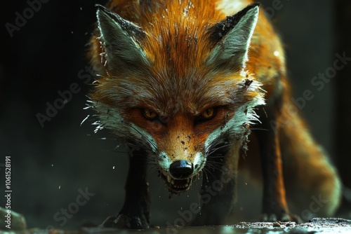 Wet red fox standing on dark ground