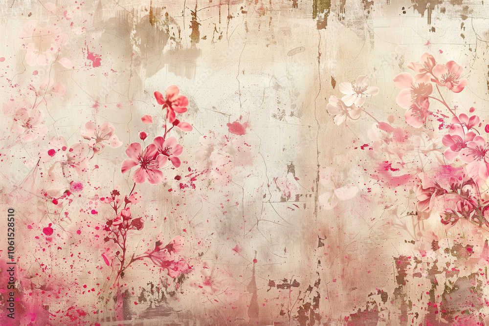 Grungy soft pastel abstract vintage shabby chic distressed wallpaper background in pink and beige with flowers