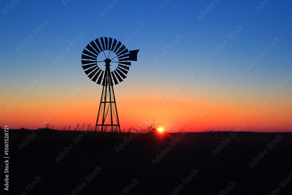 Windmill silhouette against a vibrant pink and orange sunset sky Windmill silhouette against a vibrant pink and orange sunset sky