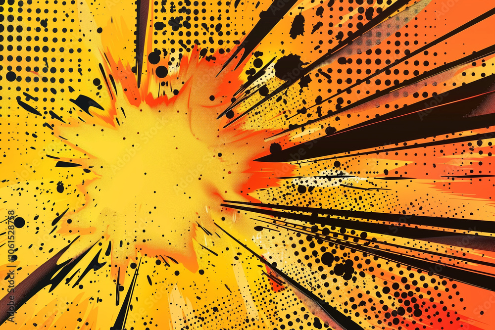 Illustration of a powerful comics like page layout background with halftone dots and dynamic action speed effects