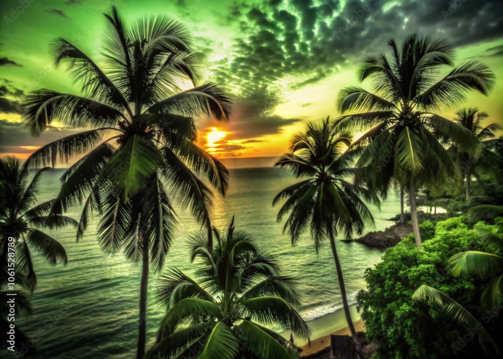Fototapeta premium Vibrant Watercolor Seascape Sunset Over Tropical Beach with Silhouette of Coconut Trees and Family Painting Joyful Memories in Colorful Hues